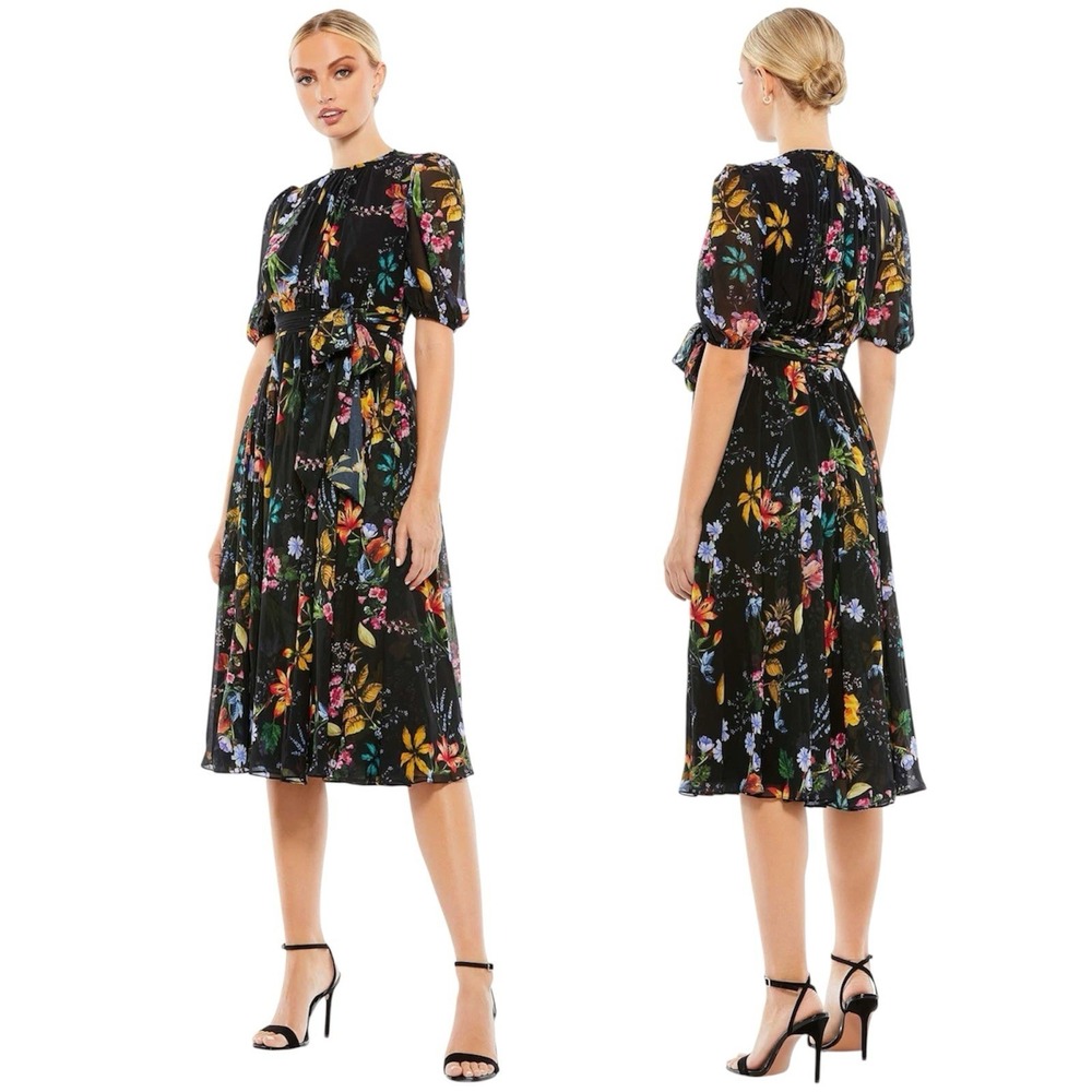 Leena for Mac Duggal 55625 Black Floral Chiffon Midi Dress Cottagecore. NWT Sz 0
